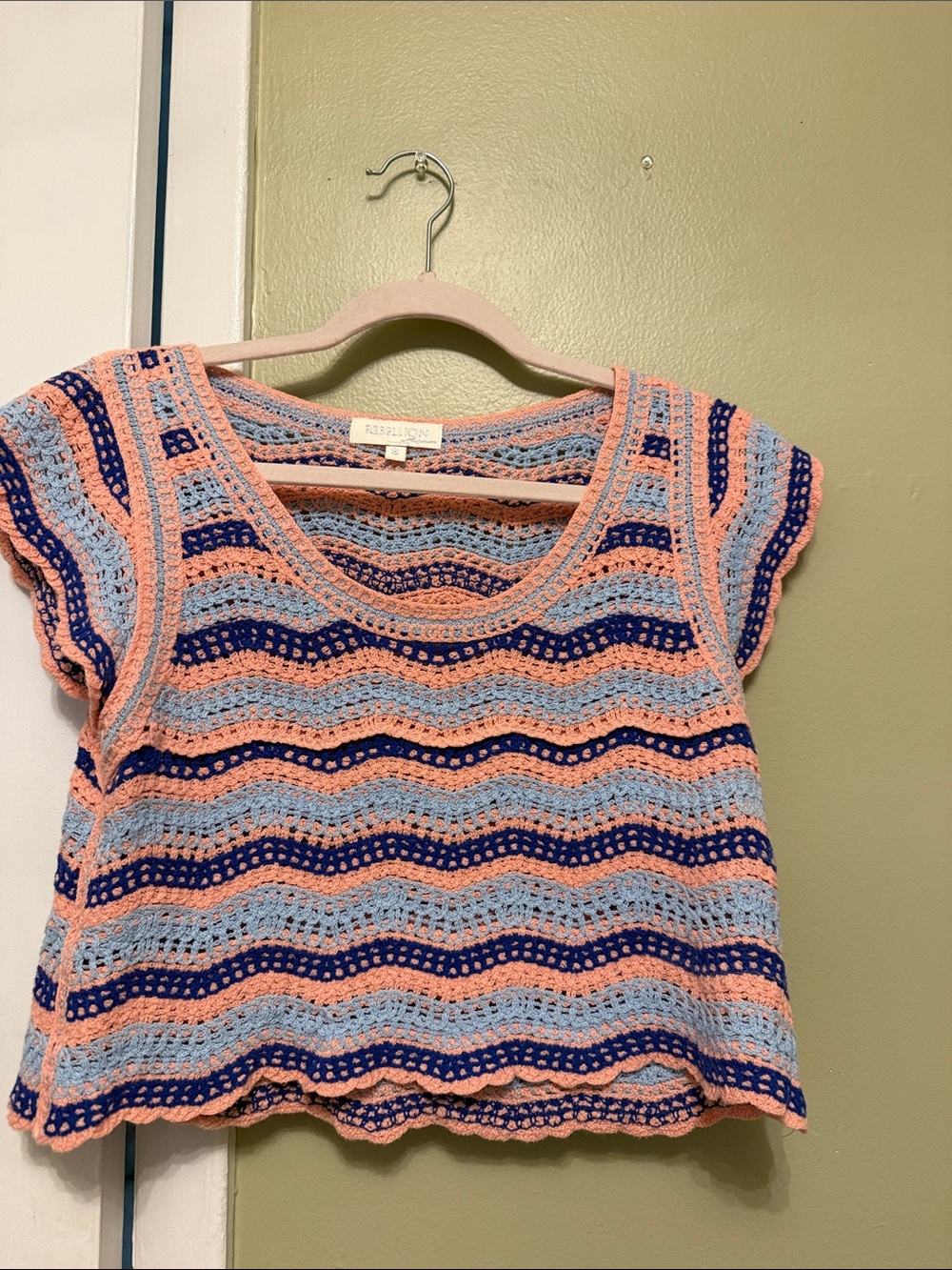 Hand-Crocheted Wave Crop Top in Peach, Light Blue & Navy